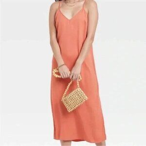 A New Day Midi Satin Slip Dress in Coral Orange Summer Fall Wedding Guest Small